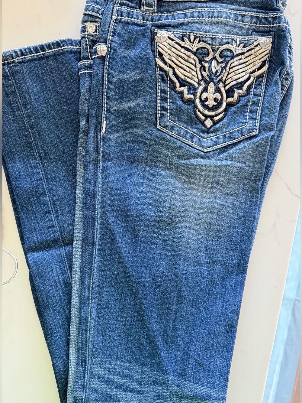 Tall!! Miss Me Women's Blue Boot Cut Jeans with Embroidered Wing Pocket